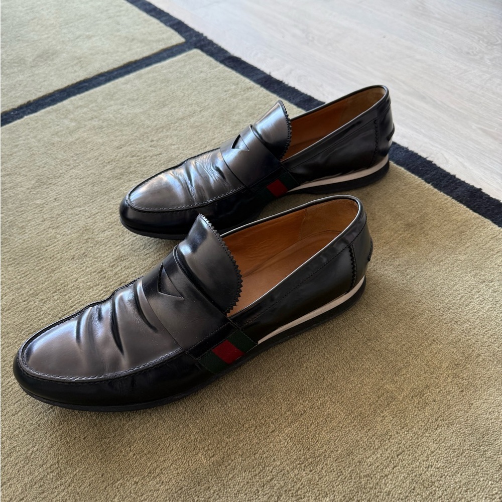 Gucci Black Leather Men’s Loafers with Green & Red Web - Picture 4 of 12
